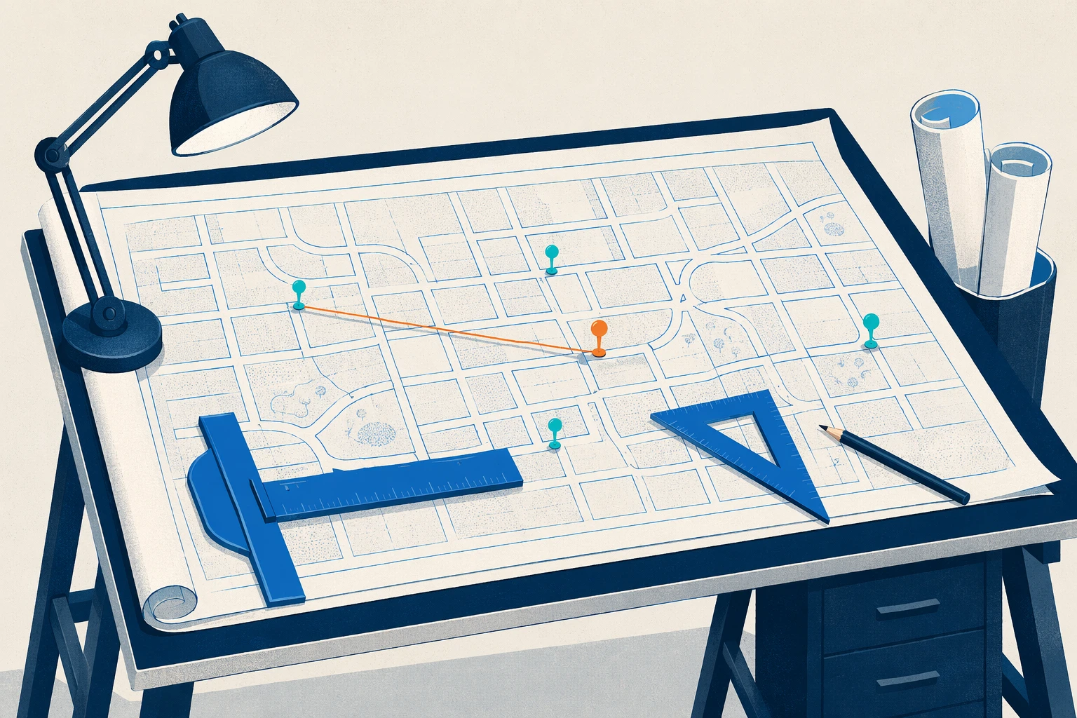 An architect's drafting table with a large city-block plan rolled out, T-square and triangular ruler resting on it, coloured pins marking specific blocks with a string between two of them — operating and evolving a landing zone is the day-2 review work that follows the initial deployment.