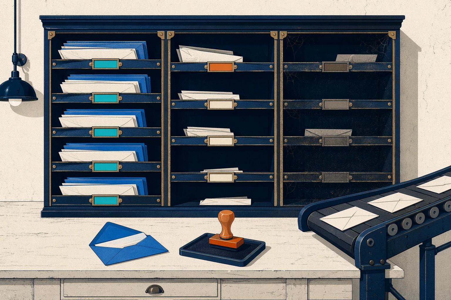 A vintage mail-sorting wall: full letters with bright tags in the left column, fewer plain-tagged letters in the middle, dim and dusty in the archive column, with a sorting table and a conveyor belt in the foreground — the metaphor for tiering Sentinel ingestion into Analytics, Basic Logs, and archive.